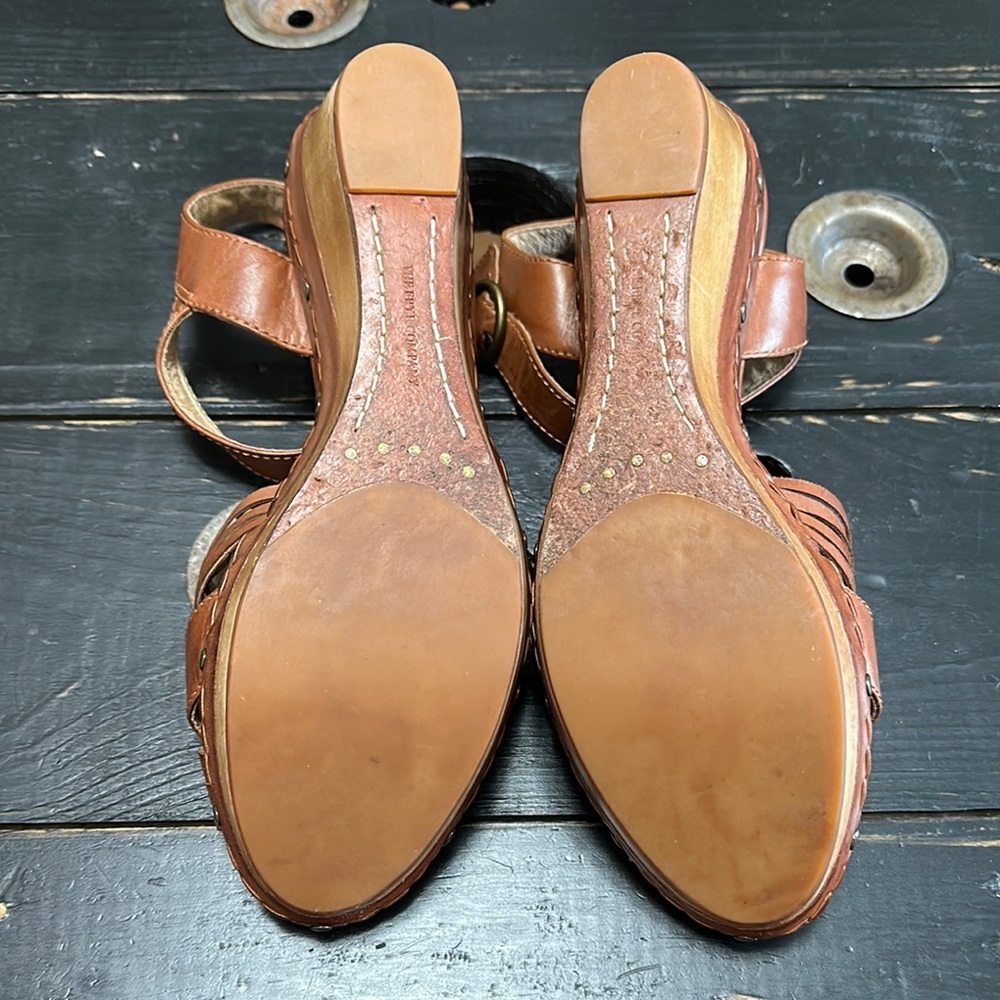 FRYE Carlie Huarache Ankle Brown Leather Wedge Sandals - Picture 13 of 14